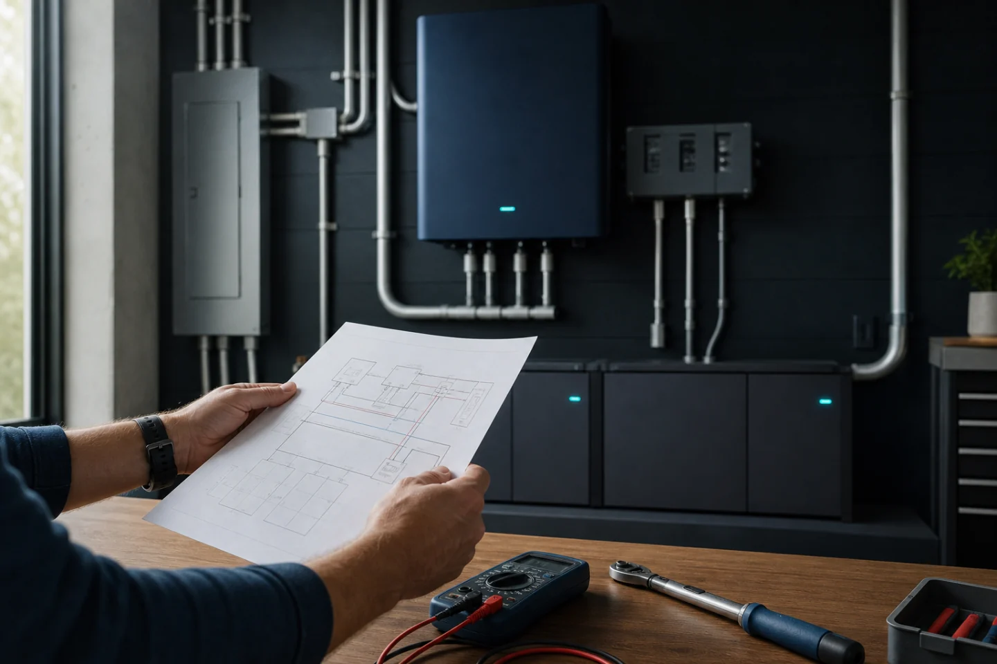 A homeowner reviewing an independent-power wiring plan with a professionally installed inverter and closed battery cabinets